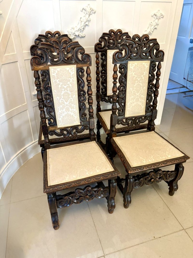 Antique Victorian Quality Set of 4 Carved Oak Dining Chairs